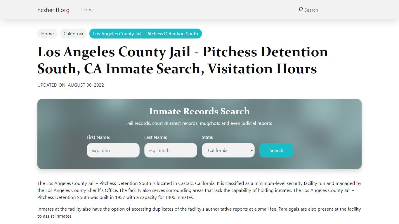 Los Angeles County Jail - Pitchess Detention South, CA Inmate Search ...